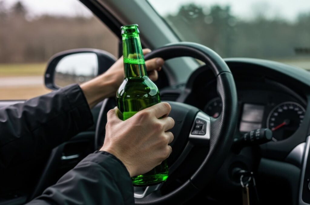 Mann hinter dem Steuer eines Autos mit einer Bierflasche in der Hand. Gefährliche und illegale Trunkenheit am Steuer. Ein klares visuelles Konzept, das vor Verstößen gegen das Verkehrsrecht warnt.