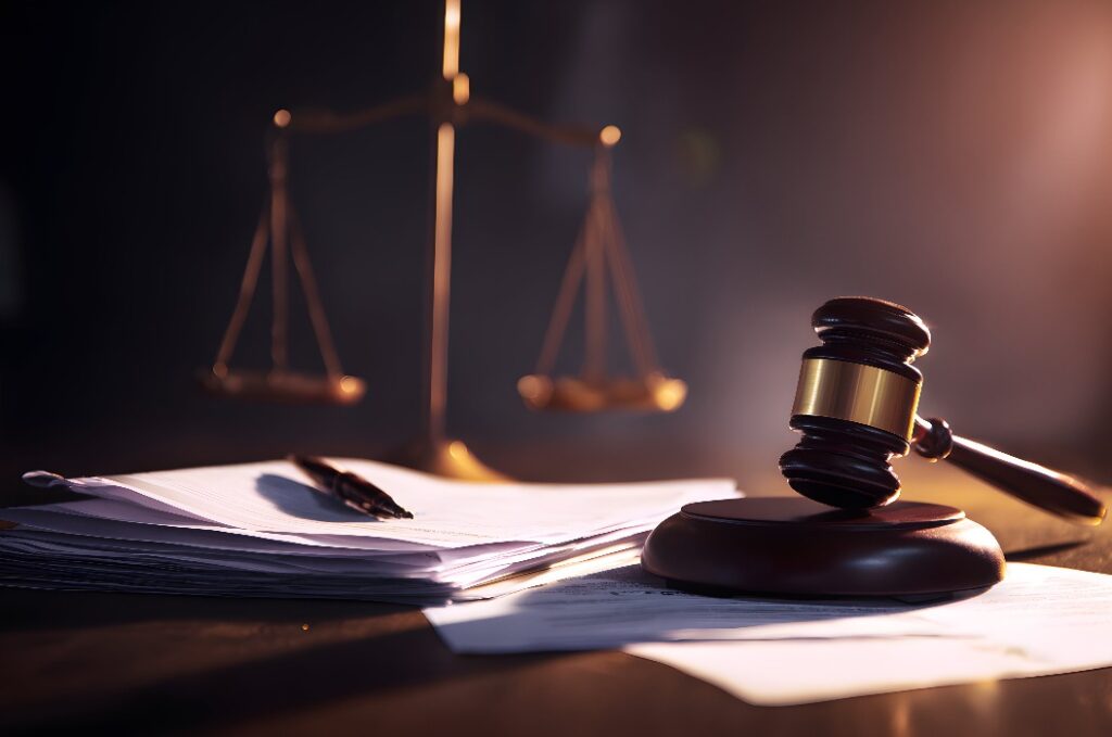 Richterliche Hammerschläge, die Aktionen mit Waagen und juristischen Papieren stoppen.