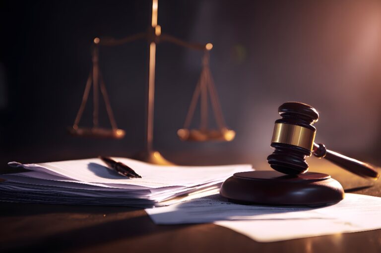 Richterliche Hammerschläge, die Aktionen mit Waagen und juristischen Papieren stoppen.