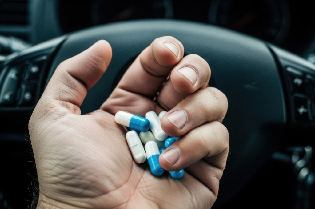 Medikamente in der Hand in der Nähe des Lenkrads während der Autofahrt
